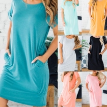 Casual Style Short Sleeve Round Neck Solid Color Loose T-shirt Dress
