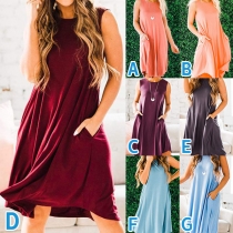 Casual Style Sleeveless Round Neck Solid Color Loose Dress