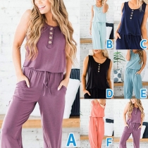 Fashion Solid Color Sleeveless Drawstring High Waist Jumpsuit for Summer Wear