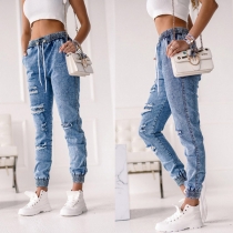 Casual Style Elastic Drawstring Waist Ripped Jeans