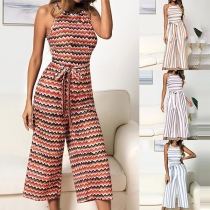 Sexy Off-shoulder High Waist Colorful Striped Printed Wide-leg Jumpsuit