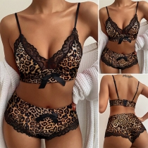 Sexy Backless V-neck Lace Spliced Leopard Printed Underwear Set
