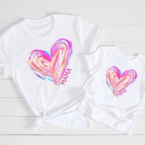 Casual Style Heart Printed Short Sleeve Round Neck Mother and Daughter T-shirt