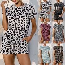 Fashion Short Sleeve Hooded Leopard Printed Top + Shorts Two-piece Set