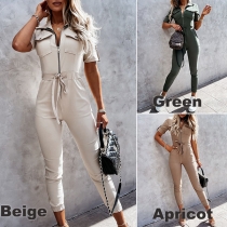 Chic Style Short Sleeve POLO Collar Front-zipper High Waist Slim Fit Jumpsuit (The size falls small, no elastic.)