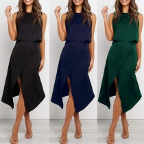 Elegant Solid Color Sleeveless Round Neck Irregular Slit Hem Dress