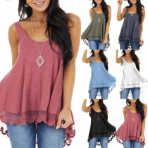 Casual Style Lace Spliced Hem Solid Color Loose Tank Top