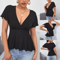Sexy V-neck Short Sleeve Ruffle Hem High Waist Solid Color Top T-shirt