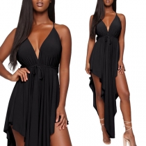 Sexy Backless V-neck Irregular Hem Solid Color Sling Dress