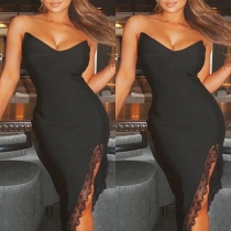 Sexy Strapless V-neck Lace Spliced Slit Hem Slim Fit Party Dress