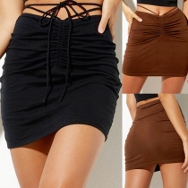 Fashion Lace-up High Waist Solid Color Slim Fit Wrinkled Skirt