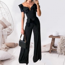 Sexy Short Sleeve V-neck High Waist Solid Color Ruffle Wide-leg Silhouette