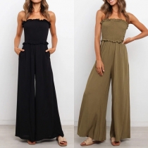 Sexy Strapless High Waist Solid Color Wide-leg Jumpsuit