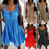 Fashion Solid Color V-neck Ruffle Sling Loose Dress