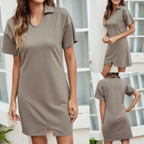 Casual Style Short Sleeve POLO Collar Slit Hem Solid Color Dress