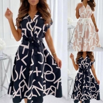 Fashion Short Sleeve V-neck Letters Printed Dress with Waist Strap