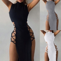 Sexy Hollow Out Lace-up Slit Hem Solid Color High Waist Dress
