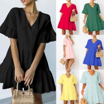 Sweet Style Short Sleeve V-neck Ruffle Hem Solid Color Loose Dress