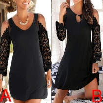 Sexy Off-shoulder Lace Spliced Long Sleeve Round Neck Solid Color Dress