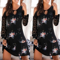 Sexy Off-shoulder Lace Spliced Long Sleeve Round Neck Printed Dress