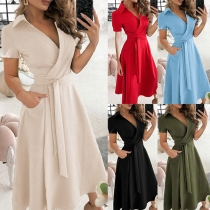 Elegant Solid Color Short Sleeve V-neck High Waist Solid Color Dress