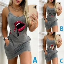 Sexy Backless Front-pocket Sling Printed Dress