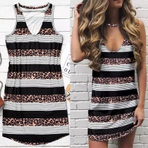 Fashion Sleeveless V-neck Stripe Leopard Printed T-shirt Dress