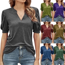 Casual Style Short Sleeve V-neck Solid Color T-shirt