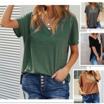 Casual Style Short Sleeve V-neck Solid Color Loose T-shirt