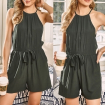 Sexy Off-shoulder Lace-up High Waist Solid Color Sling Romper