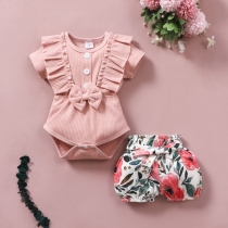Sweet Style Bow-knot Ruffle Romper + Printed Shorts Two-piece Set for Babies