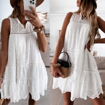 Sweet Style Sleeveless V-neck Solid Color Hollow Out Lace Loose Dress