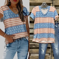 Casual Style Short Sleeve V-neck Star Stripe Printed Loose T-shirt