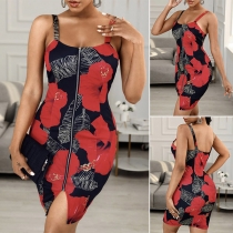Sexy Backless Front-zipper Slim Fit Printed Sling Dress