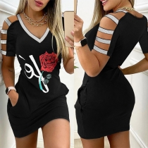 Sexy Hollow Out Short Sleeve V-neck Rose Pattern Slim Fit Dress