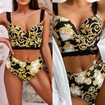 Sexy High Waist Lace Spliced Printed Bikini Set