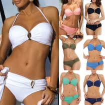 Sexy Low-waist Solid Color Metal Button Push-up Bikini Set