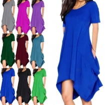Fashion Solid Color Short Sleeve Round Neck Irregular Hem Pocket Dress