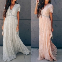 Elegant Solid Color Short Sleeve V-neck High Waist Lace Dress