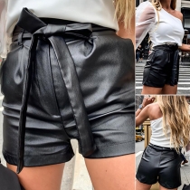 Fashion Solid Color Lace-up High Waist PU Leather Shorts