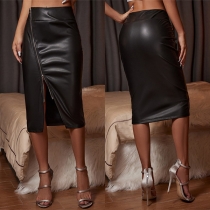 Sexy Slit Hem Front-zipper High Waist Slim Fit PU Leather Skirt