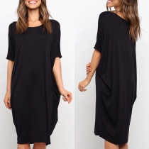 Fashion Solid Color Dolman Sleeve Round Neck Loose Dress