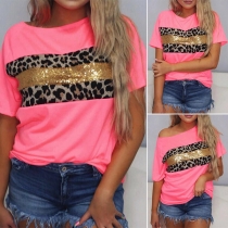 Casual Style Short Sleeve Round Neck Sequin Leopard Spliced Loose T-shirt