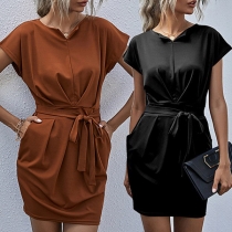 Fashion Solid Color Short Sleeve Round Neck Lace Dress for Daily Wear