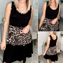 Casual Style Sleeveless Round Neck Leopard Spliced Loose Dress