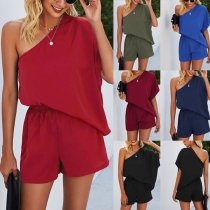 Sexy One-shoulder Dolman Sleeve High Waist Solid Color Romper