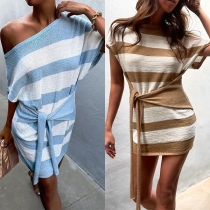 Fashion Short Sleeve Round Neck Lace-up Knit Stripe Dress