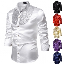 Fashion Sequin Spliced Long Sleeve POLO Collar Man's Costume Shirt