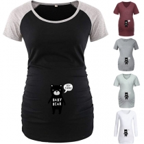 Cute Bear Printed Short Sleeve Round Neck Maternity T-shirt