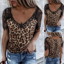 Sexy Lace Spliced Short Sleeve V-neck Leopard Printed T-shirt